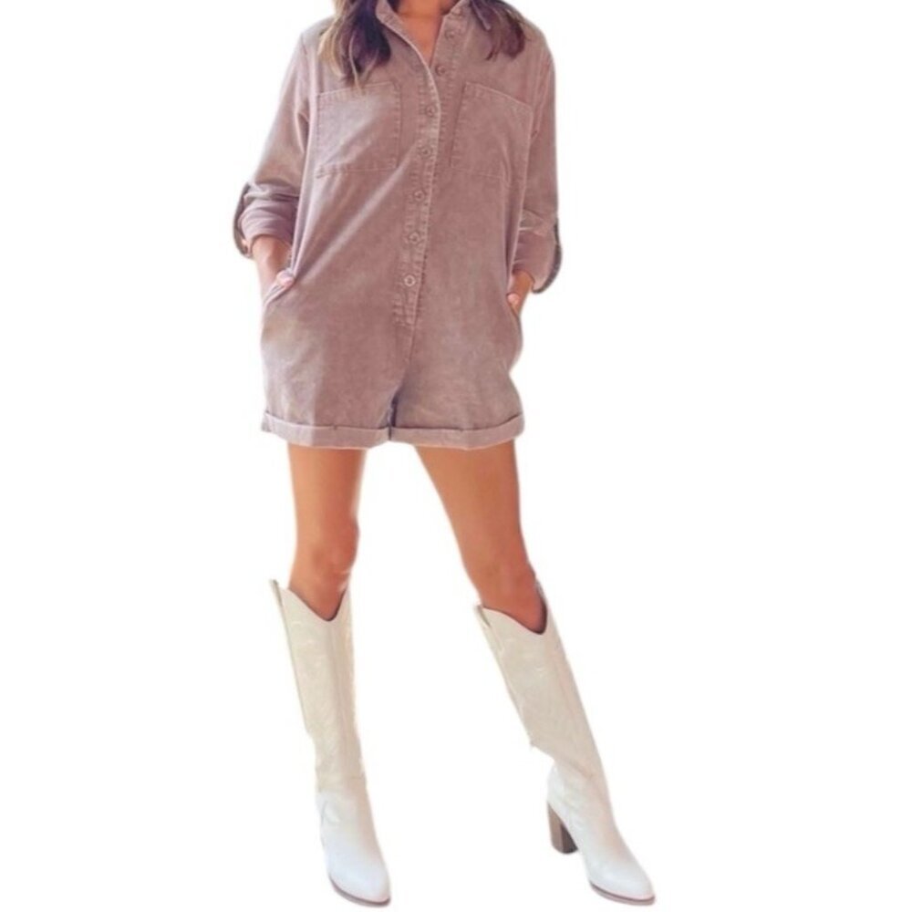 SADIE & SAGE Brown Corduroy Button Up Collared Preppy Shorts Romper Size Small